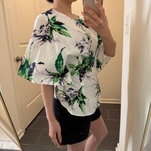 White and Green Boxy Blouse with Tropical Print